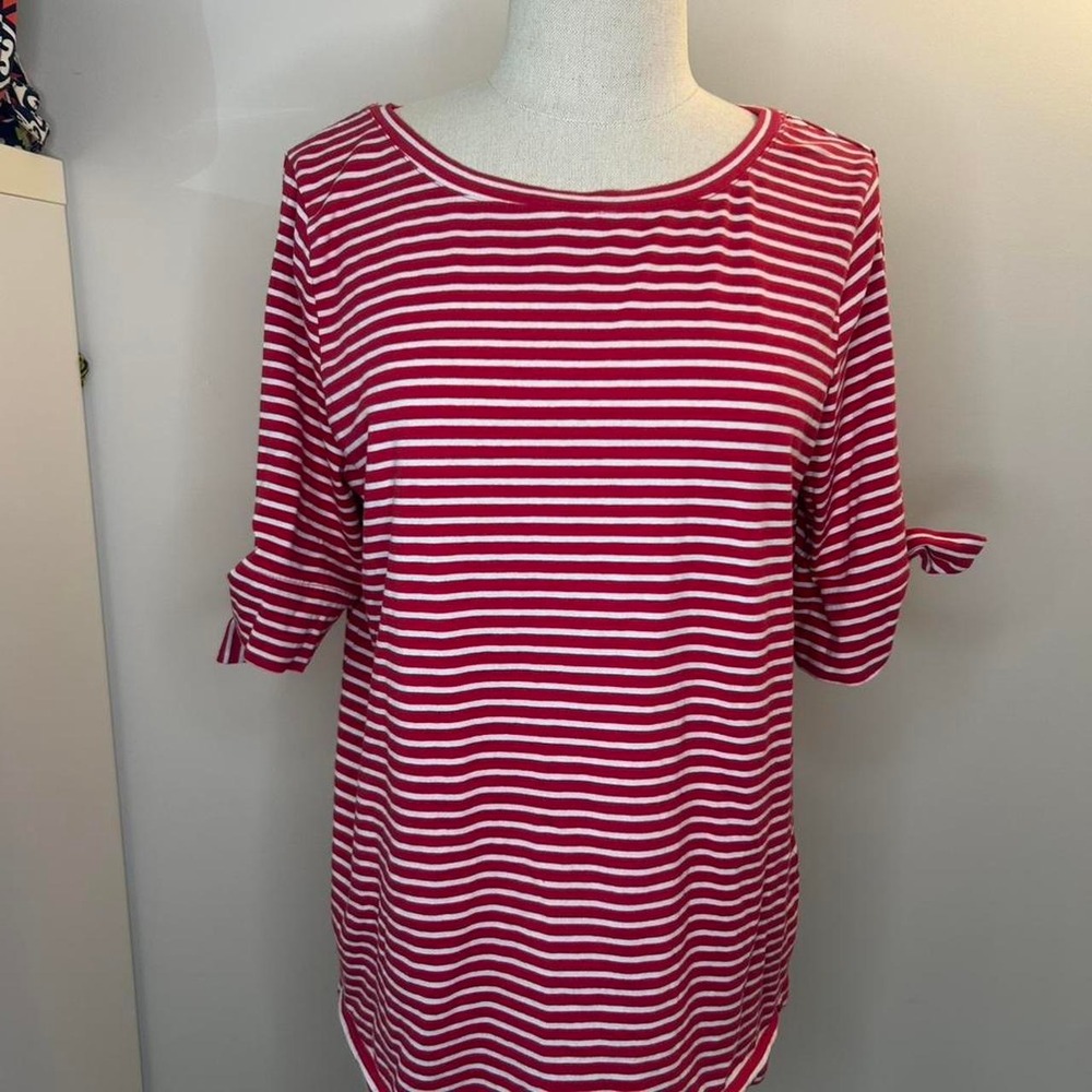 August Silk white and red horizontal striped top with tie sleeves women's S